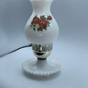 Vintage white milk glass hurricane lamp NO CORD roses.